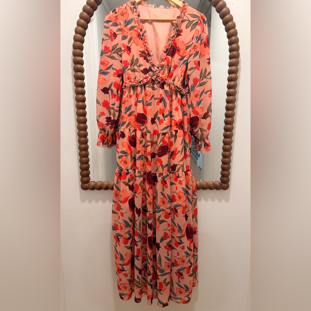 Floral Tiered Maxi Dress In Peach And Red